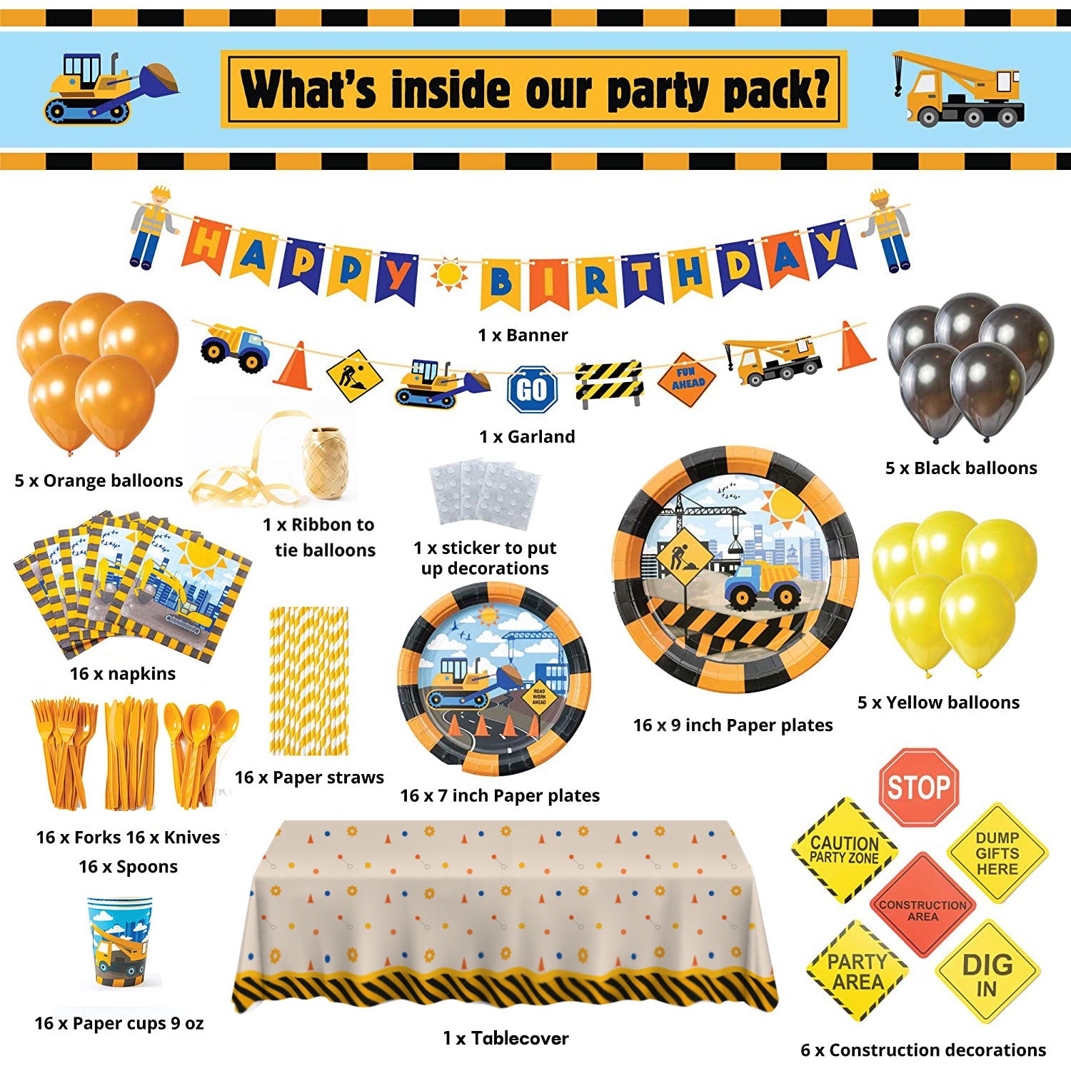 Construction Party Supplies<br>serving for 16 persons & festive decorations