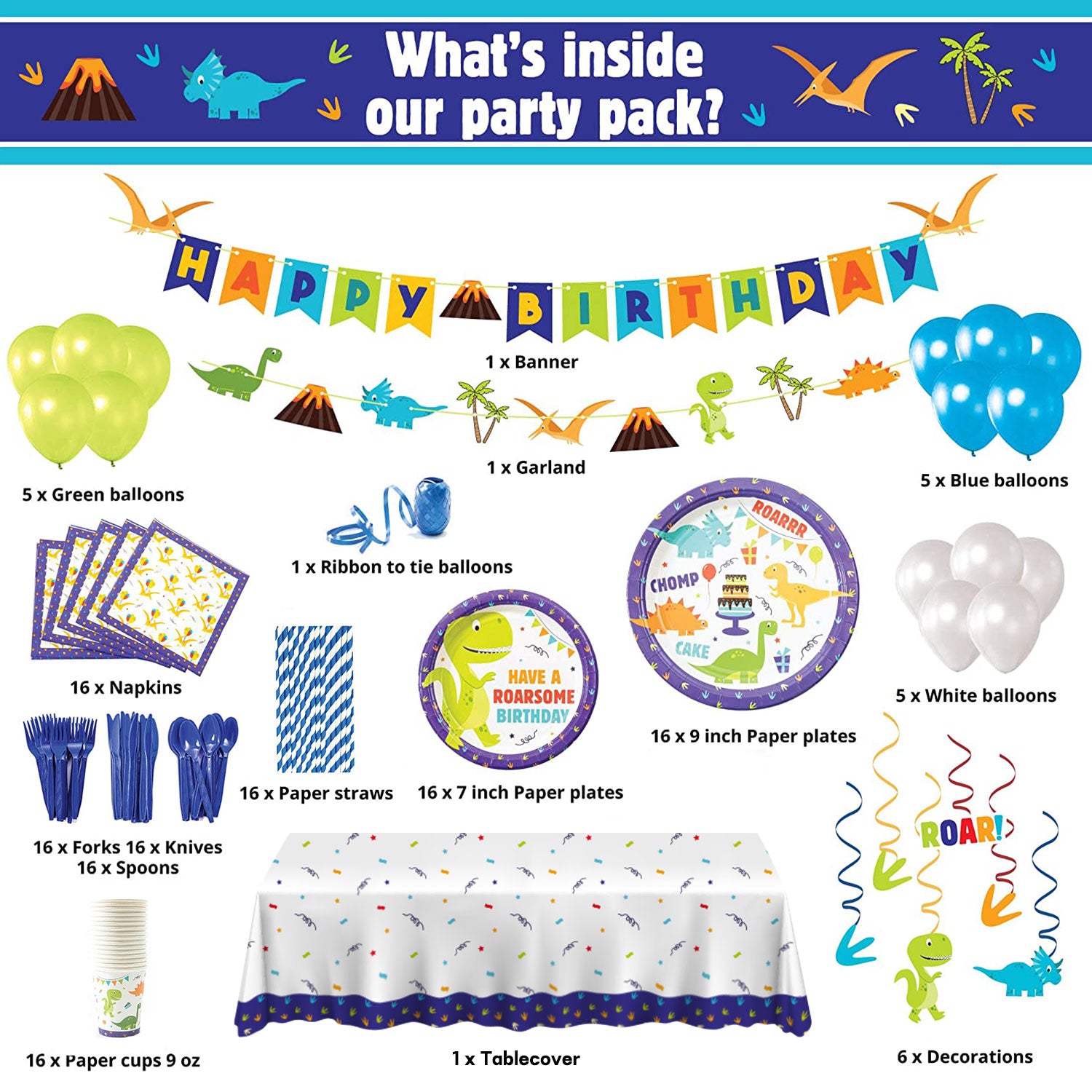 Dinosaur Party Supplies<br>serving for 16 persons & festive decorations
